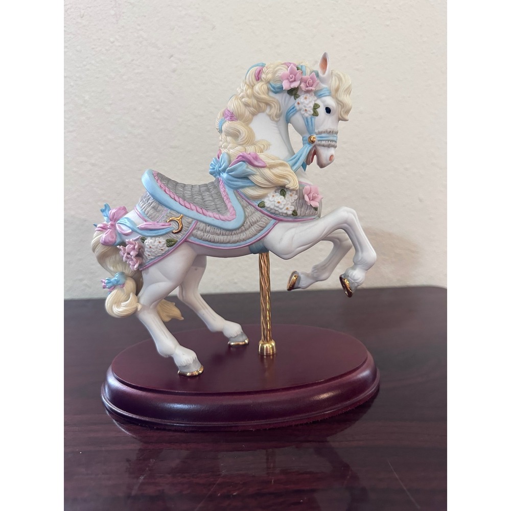 Vintage Porcelain Carousel Horse Figurine Pastel Pink Blue Floral Wood Base